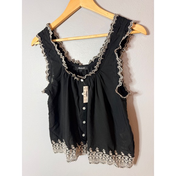 Madewell Embroidered Scalloped Tank Jet black Small NWT - Picture 3 of 8